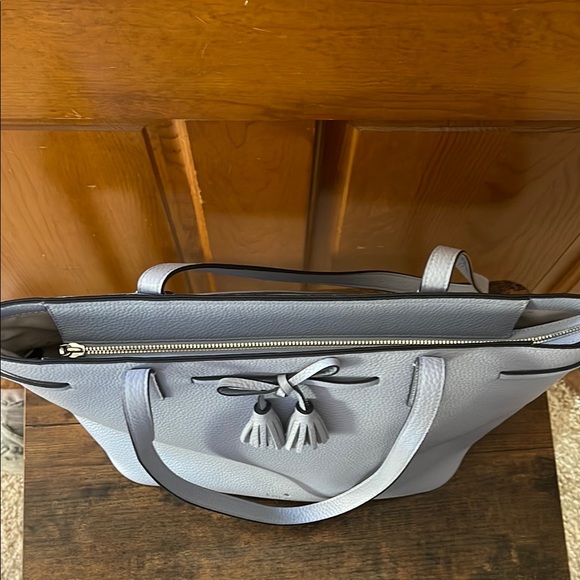 Kate Spade Pebbled Leather Tote Bag Tassels Muted Blue Zip Top Tote - Picture 8 of 14